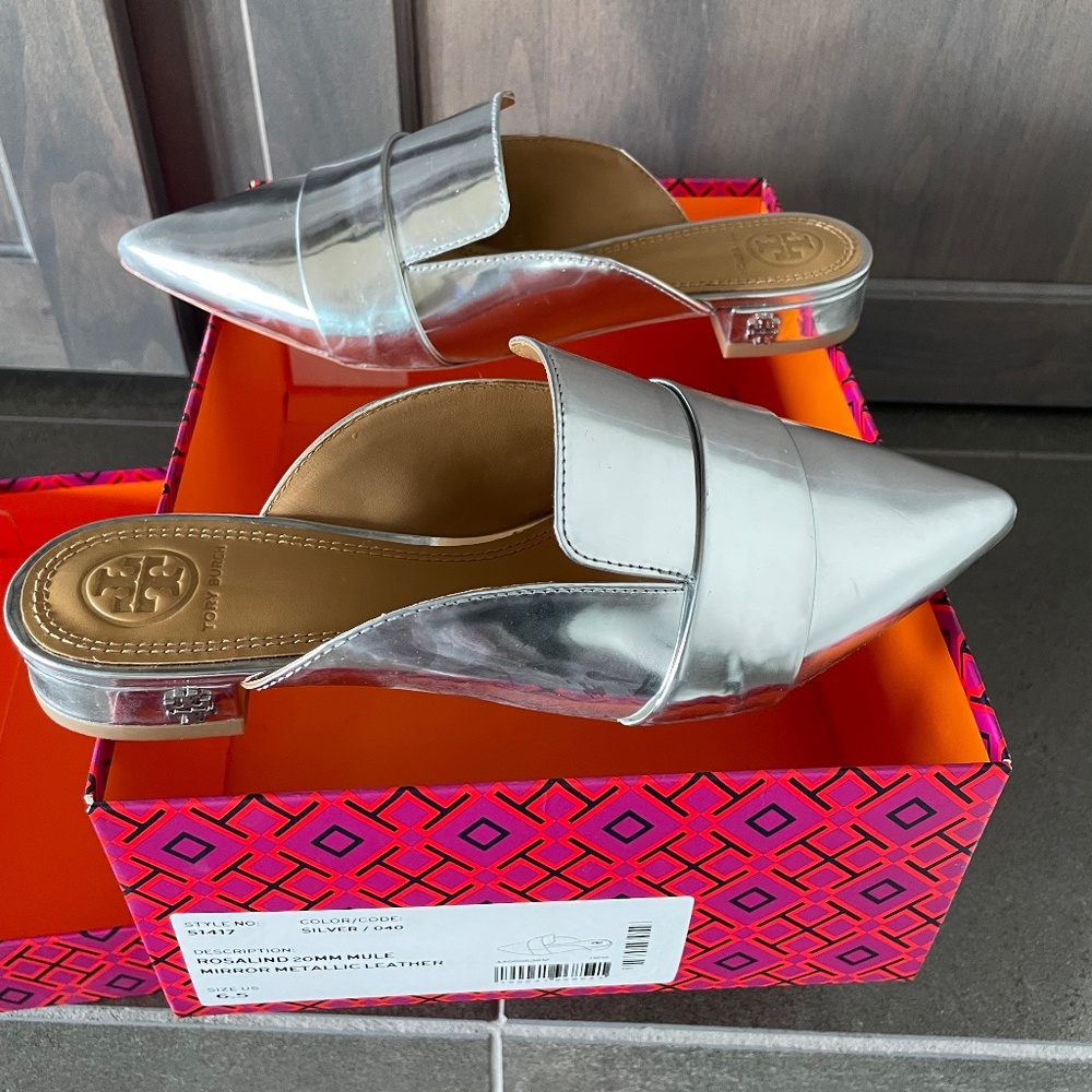 Brand New w/ Box Tory Burch Rosalind 20 MM Mule, Mirror Metallic Leather